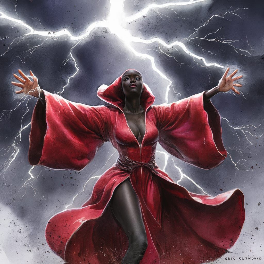 a darkskinned female sorcerer dressed in a vibrant red robe. Her arms