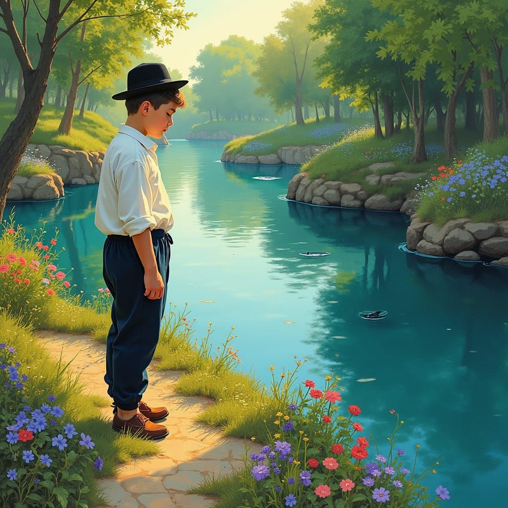 Boy by River in Gouache and Watercolor Style