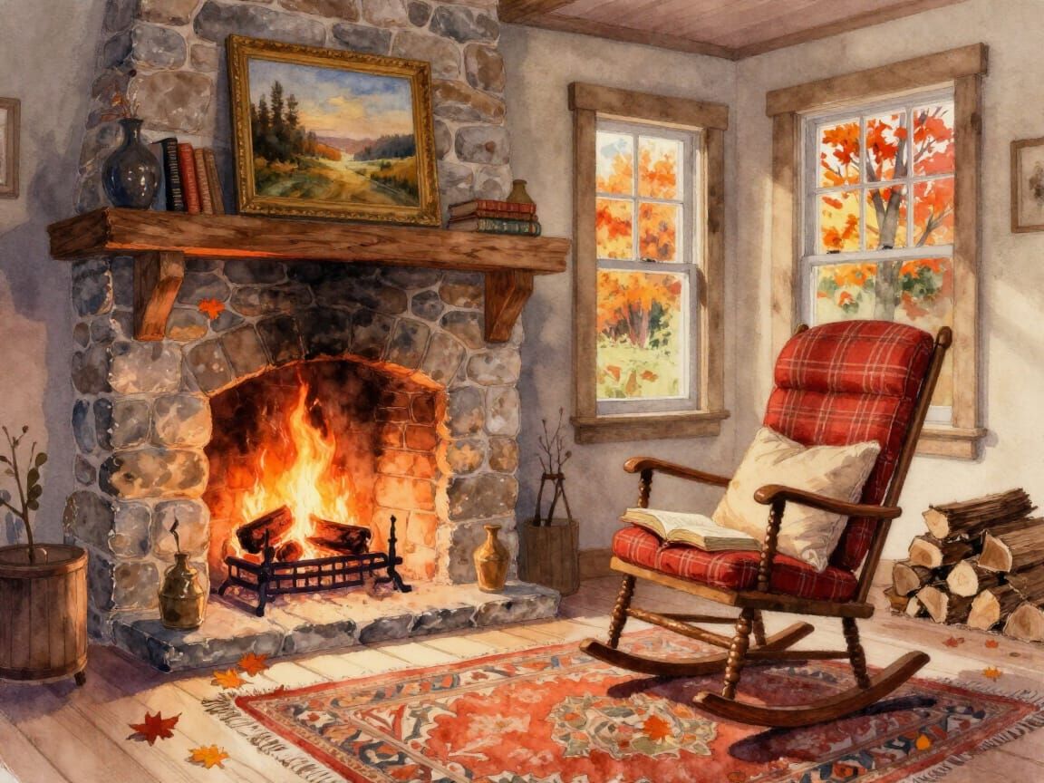 A cozy watercolor painting depicts a rustic interior scene centered around a large stone fireplace, with ...  by @EsterJasmine
