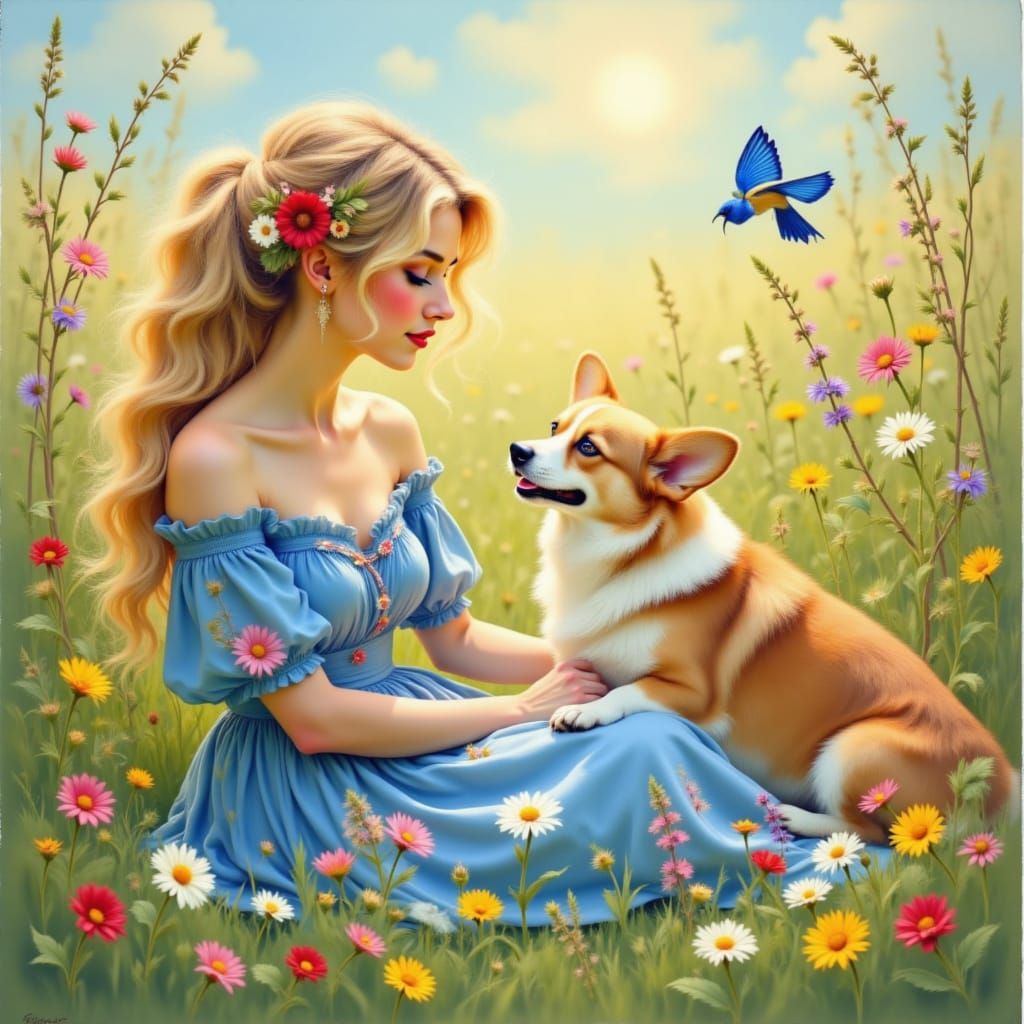 <lora:HiDream Full Flux:1.0> A romantic scene created with acrylic, airbrushed, and vivid oils of a woman lounging in a sun-drenched wildflo...