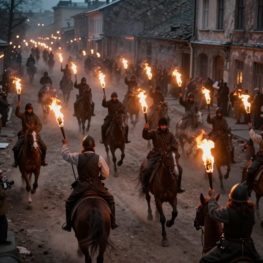 Cossacks on Horseback with Torches in City