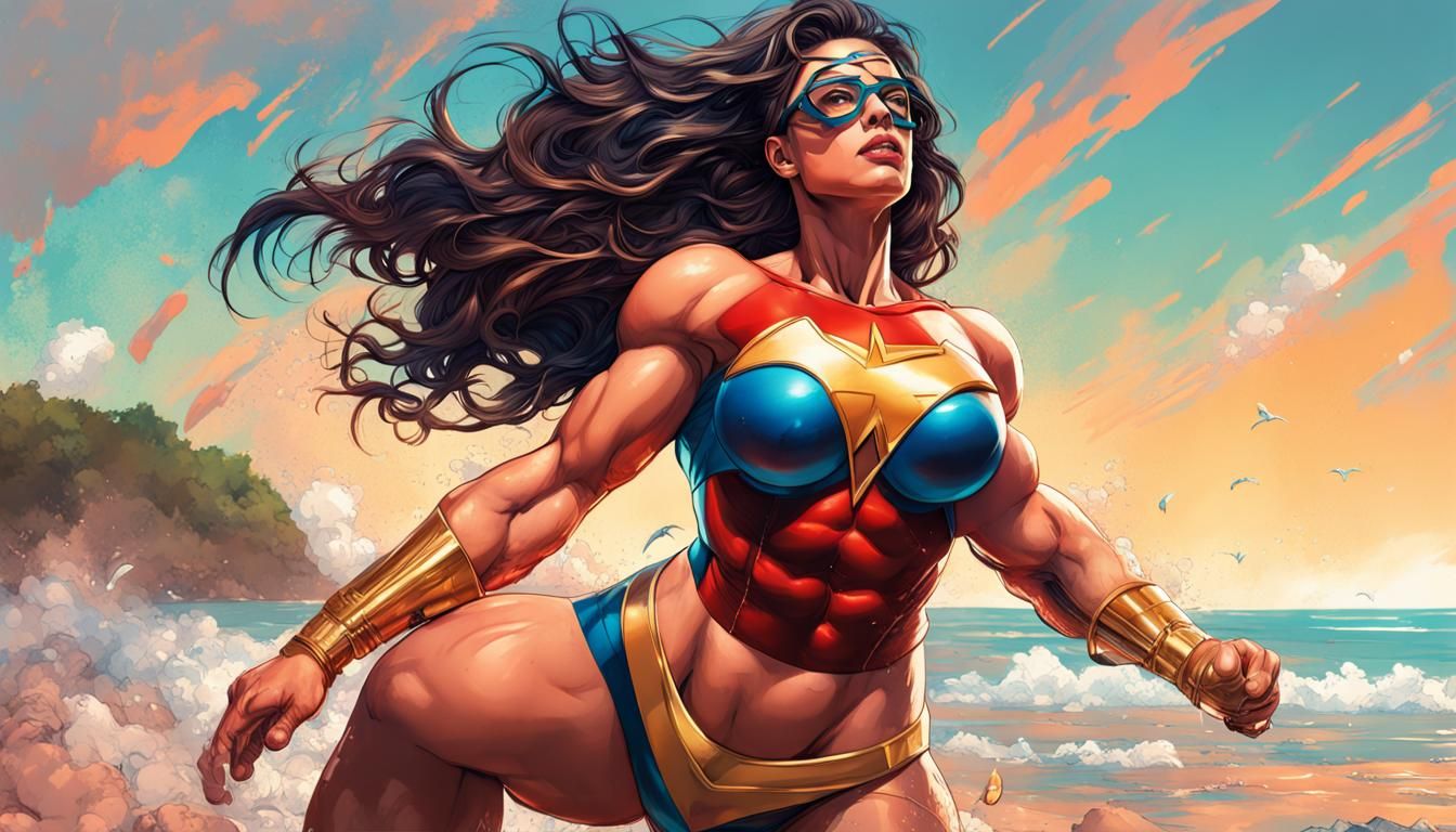 Thick muscular female dc superheroes in a beach vacation Hyp...