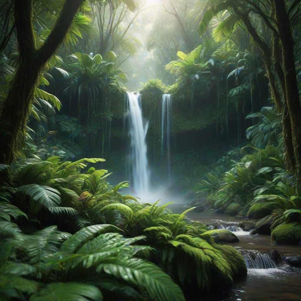 Tropical Waterfall Paradise in Vibrant Colors