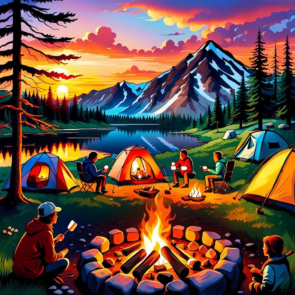 Beautiful sunset, cozy campfire surrounded by camping friend...