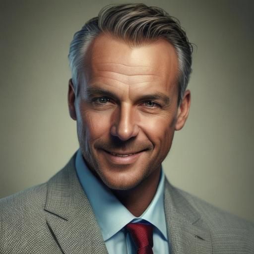 <lora:AJA2405:1.0> Portrait of a very handsome man in his 50s. A headshot. His face is round. He has GREY, short cut hair, that stand up a b...