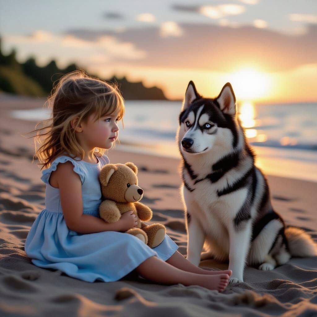 Sad Girl and Dog Watch Sunset on Beach