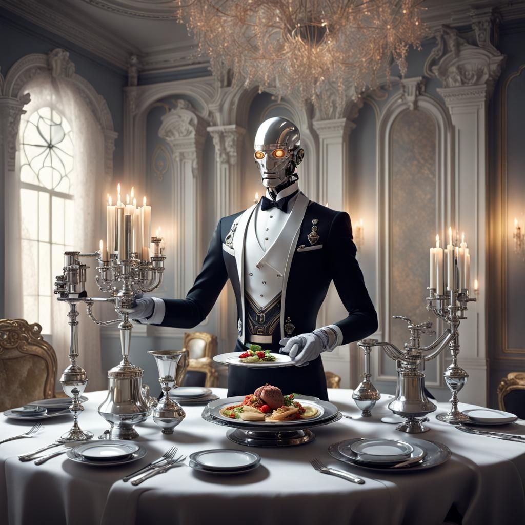 A cyborg butler from the 23rd century serving dinner in an aristocratic mansion, robotic butler, extravagant ...  by @Drac_Rosenberg