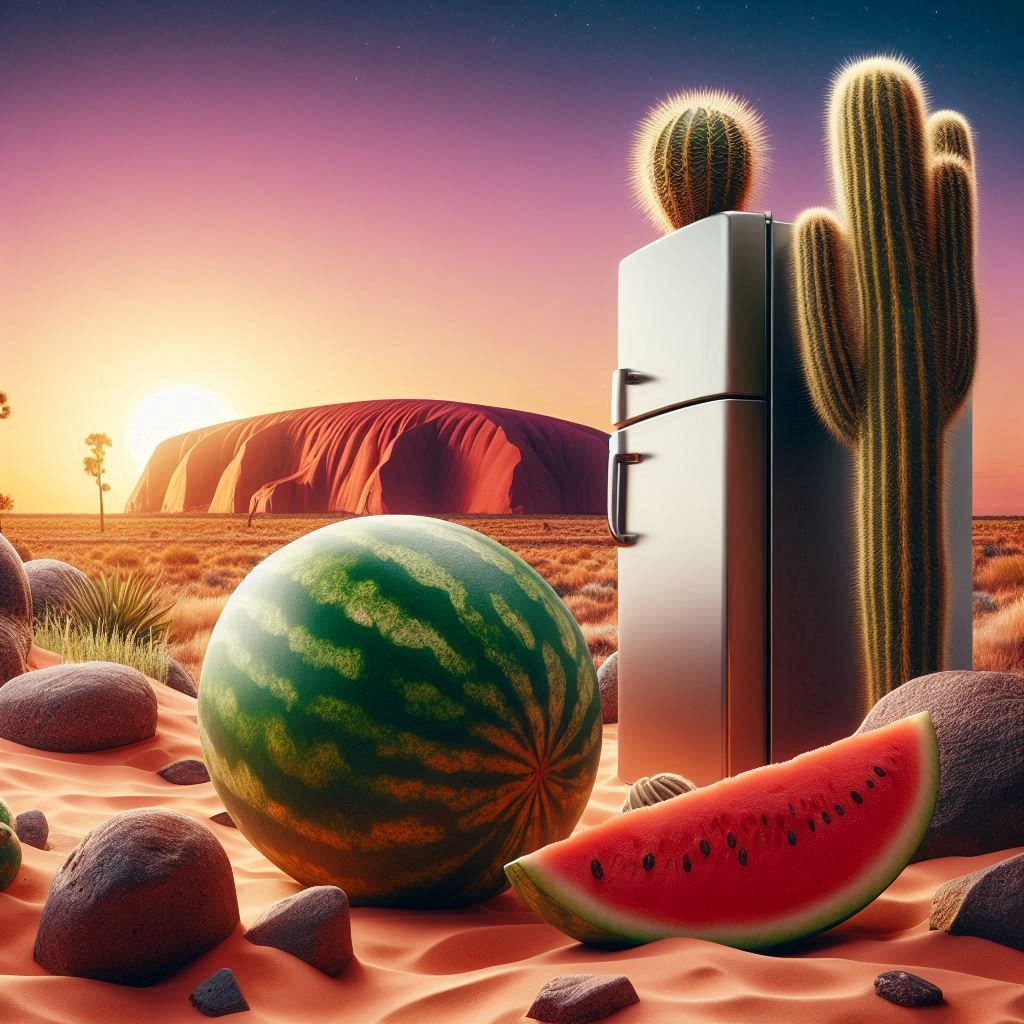 Desert scene with melon and fridge