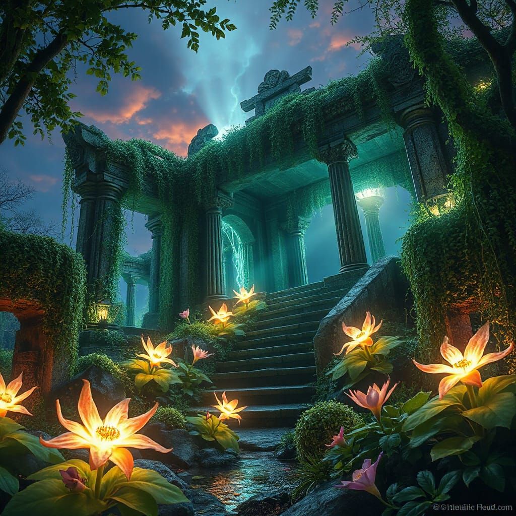 enchanted ruins covered in glowing ivy, emerald vines with bioluminescent flowers shifting colors, ancient temple stones, magical soft light...
