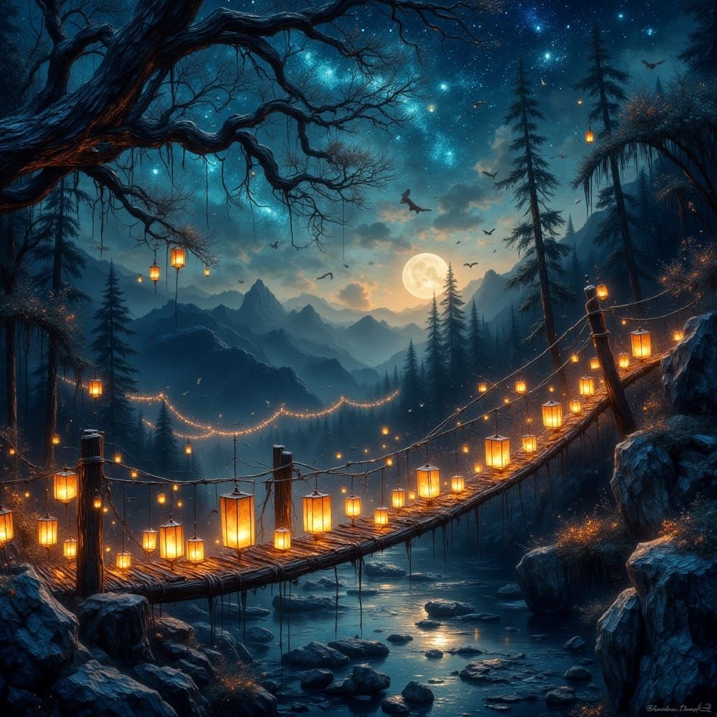 rope bridge adorned with luminous paper lanterns  by @Zelle