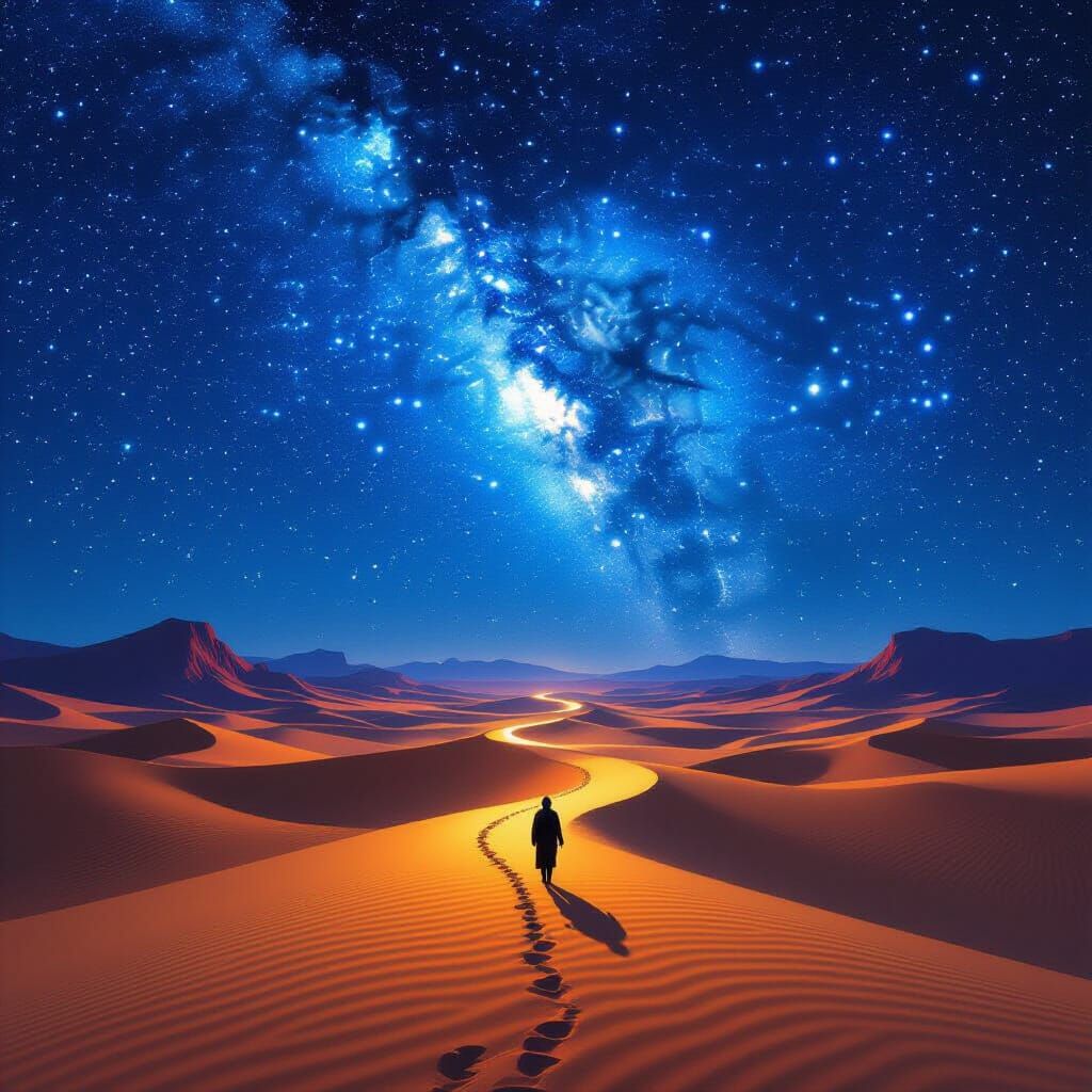 Vast Desert Night Sky with Lone Traveler
