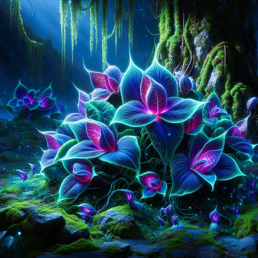 A cluster of exotic, alien flora glowing in a deep midnight jungle.