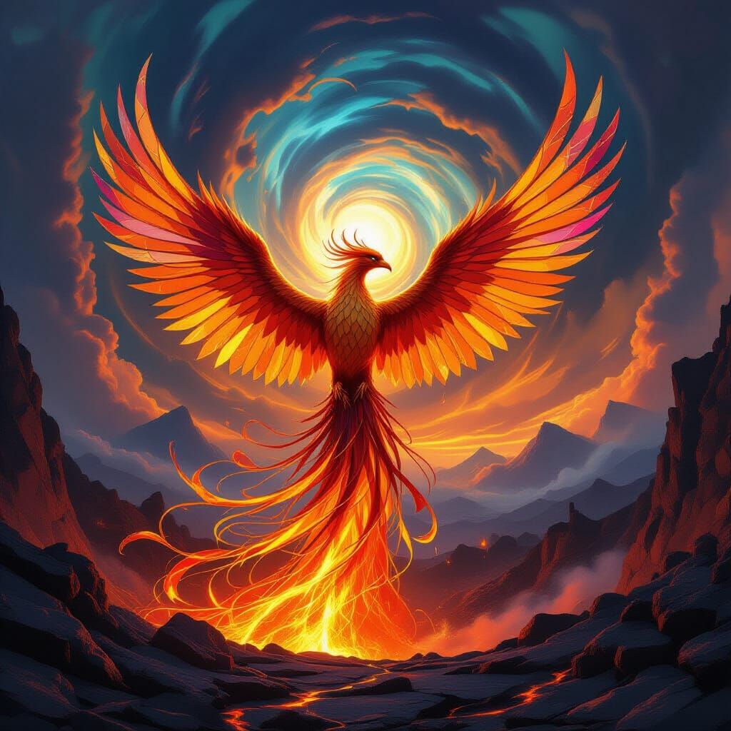 A majestic phoenix, its plumage crafted from shards of iridescent stained glass, erupts from a volcanic caldera. - Start Image 1