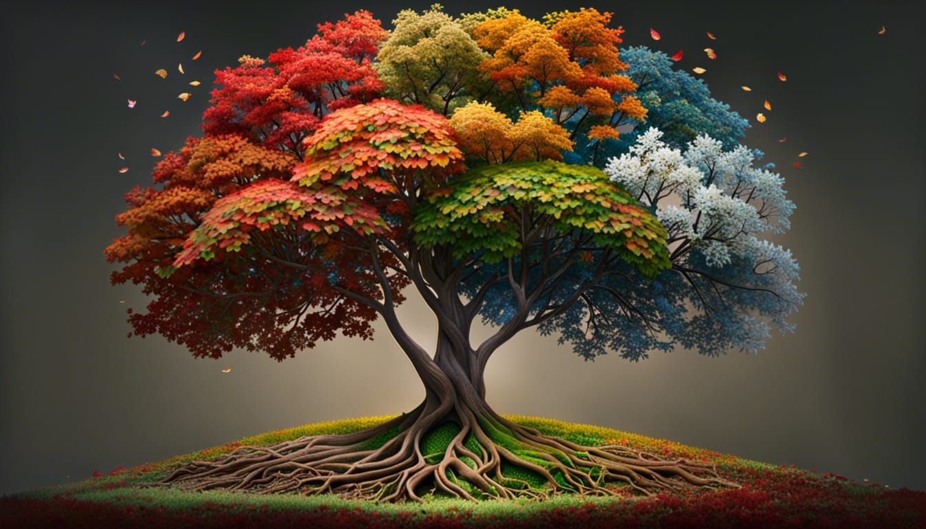a single tree showing winter,  summer,  spring and fall within its leaves and background   by @The Crazy One