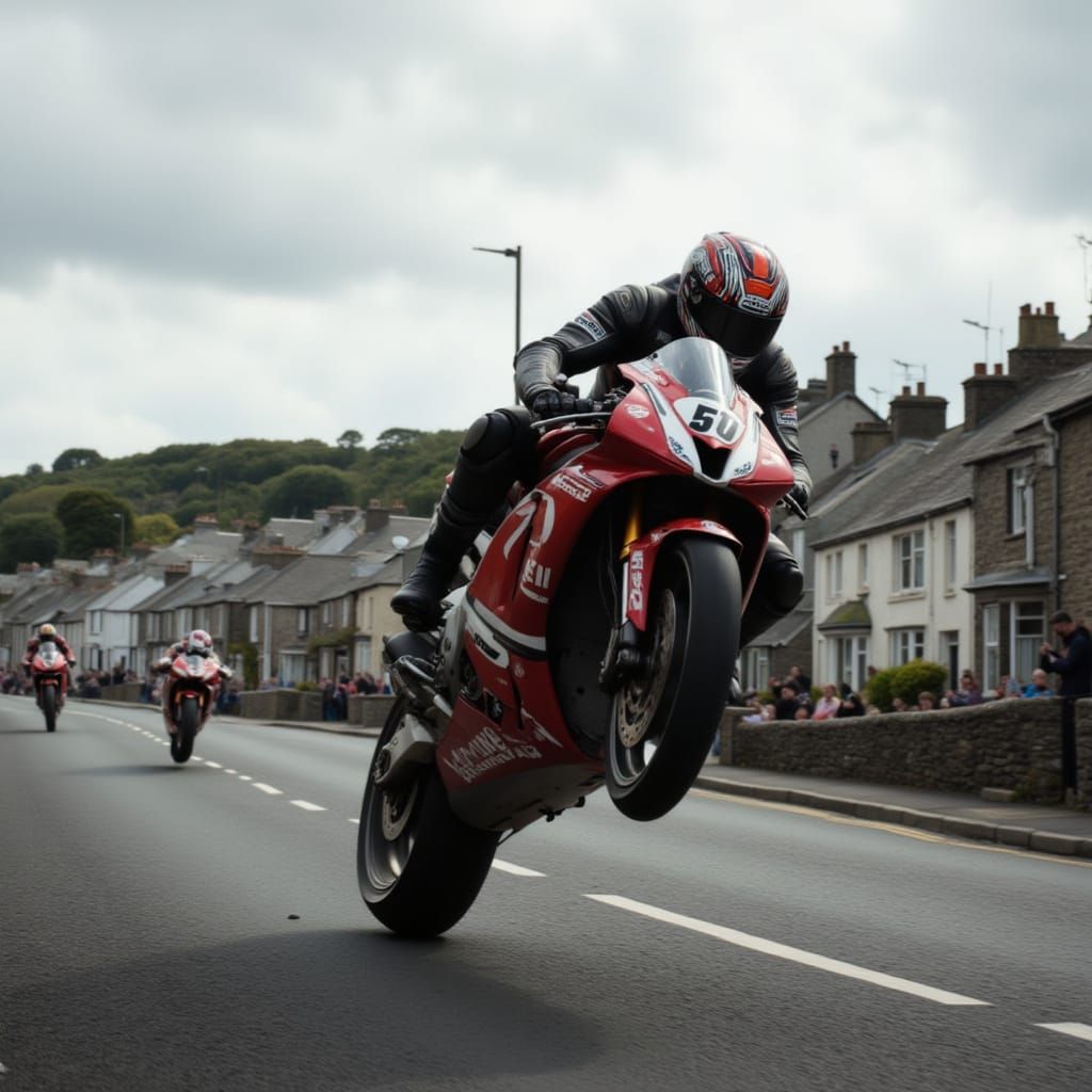 <lora:Motorcycle Racing:1.0> Hyper realistic Motorcycle street racing in the Isle of Man with the motorcycle jumping over a crest