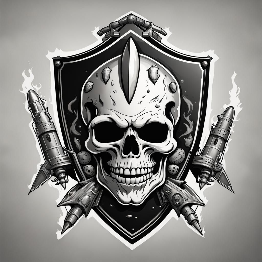 a shield displaying a grinning punk rock skull with flames o...