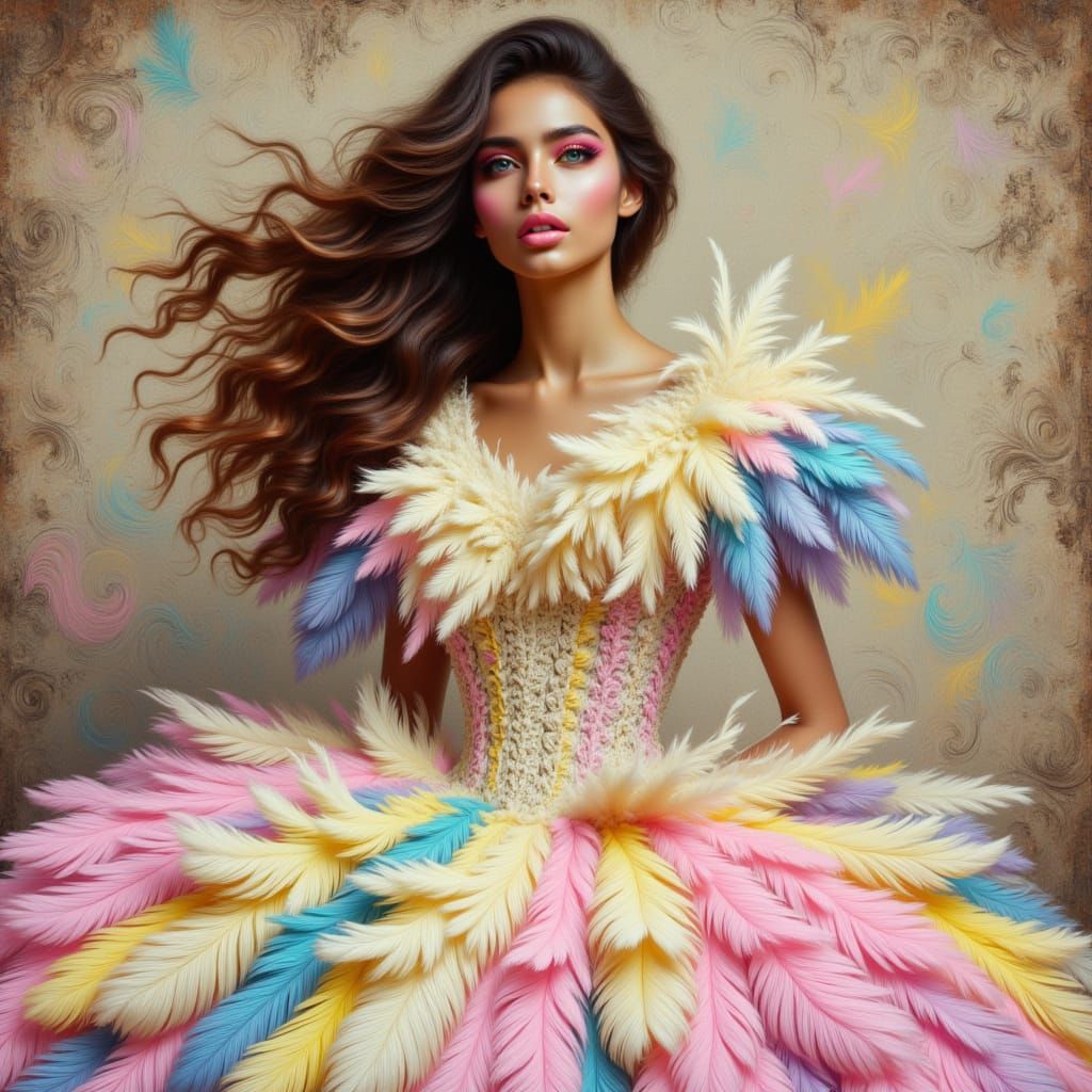 <lora:kak-Featherlychic:1.0>A woman illustration, her face is painted in neon pastels, with long, wavy, windy hair, wearing a Victorian dres...