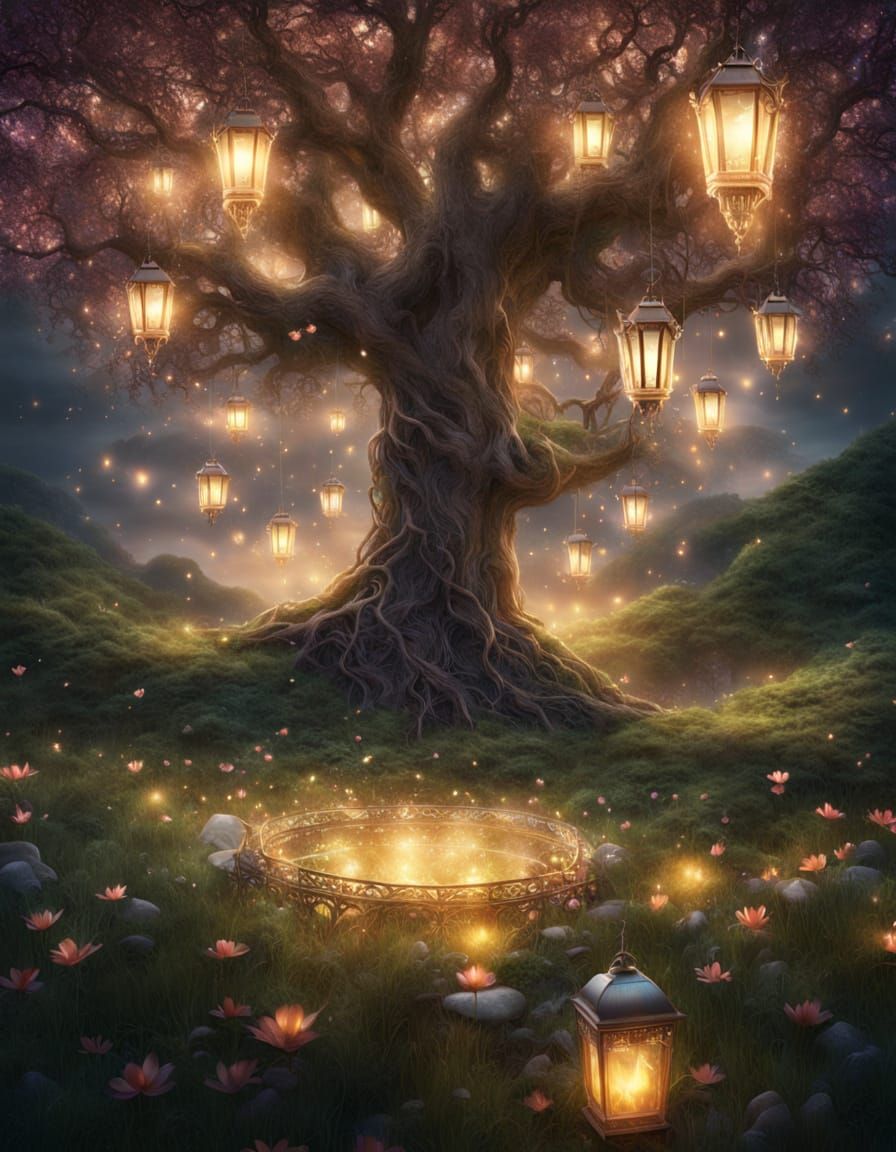 A magical tree towering in the middle of a whimsical meadow, branches glowing with lanterns, roots weaving into sparkling crystal pools.