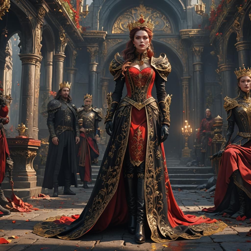 A red majestic dress with black full sleeves. Red boots, bla...