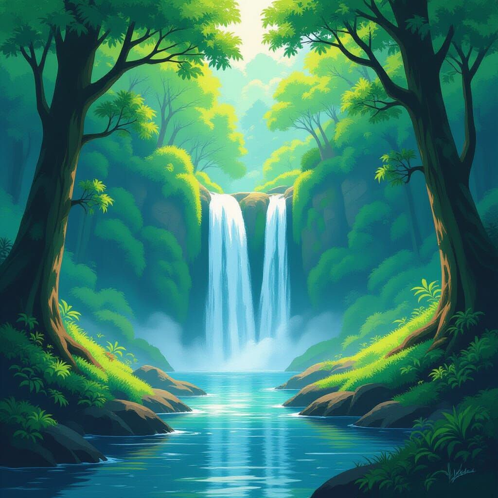 Rare Waterfall in Pastoral Forest, Fantasy Art