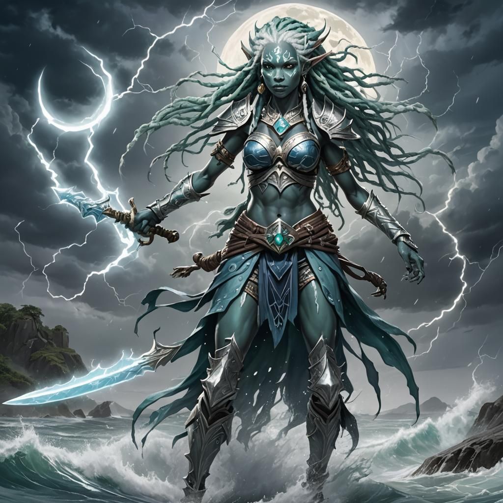 full body;  painted Blue skin; Female: Water Elf; Paladin; bright white vitiligo; silver eyes; sea green dreadlocks & white dreadlocks; wiel...