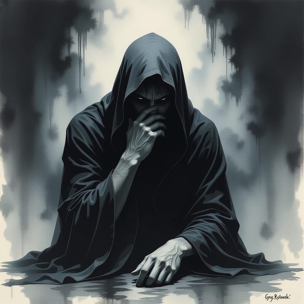 Troubled Figure Surrounded by Shadows in Inkwork Style
