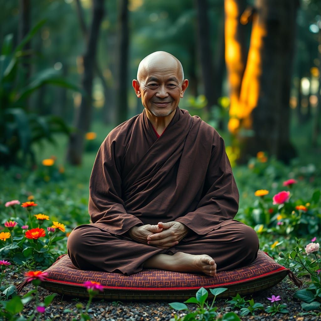 Serene Monk in Lush Forest Landscape with Loving-Kindness Au...