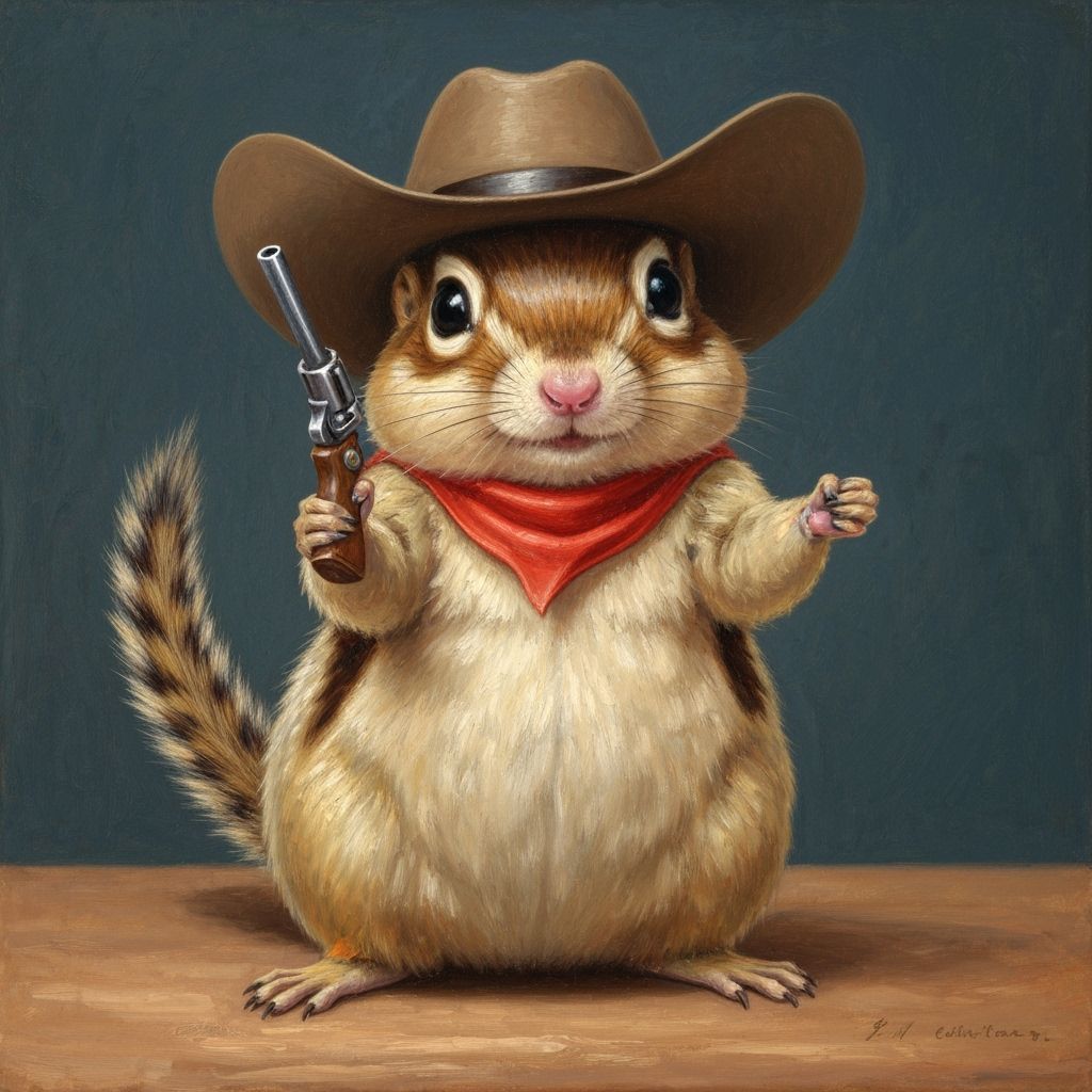 A oil painting of chipmunk as a cowboy holding a pistol 