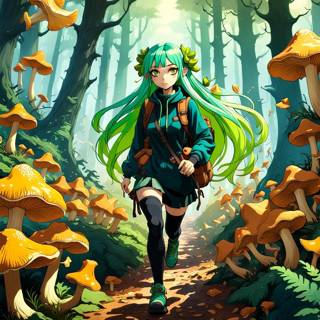 Anime girl with long lime green hair hiking through a forest of giant  chanterelles. - AI Generated Artwork - NightCafe Creator