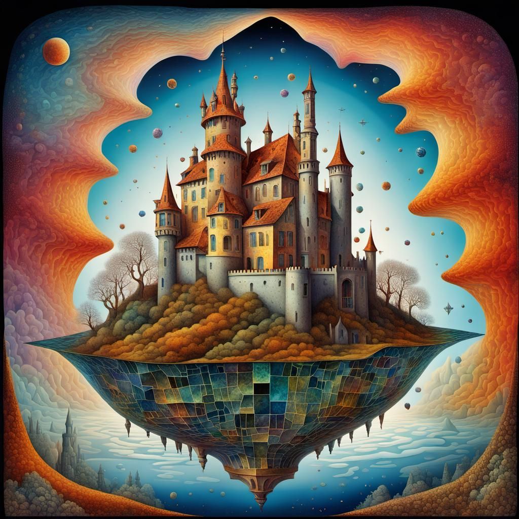Surreal illustration of a collorfull  castle
