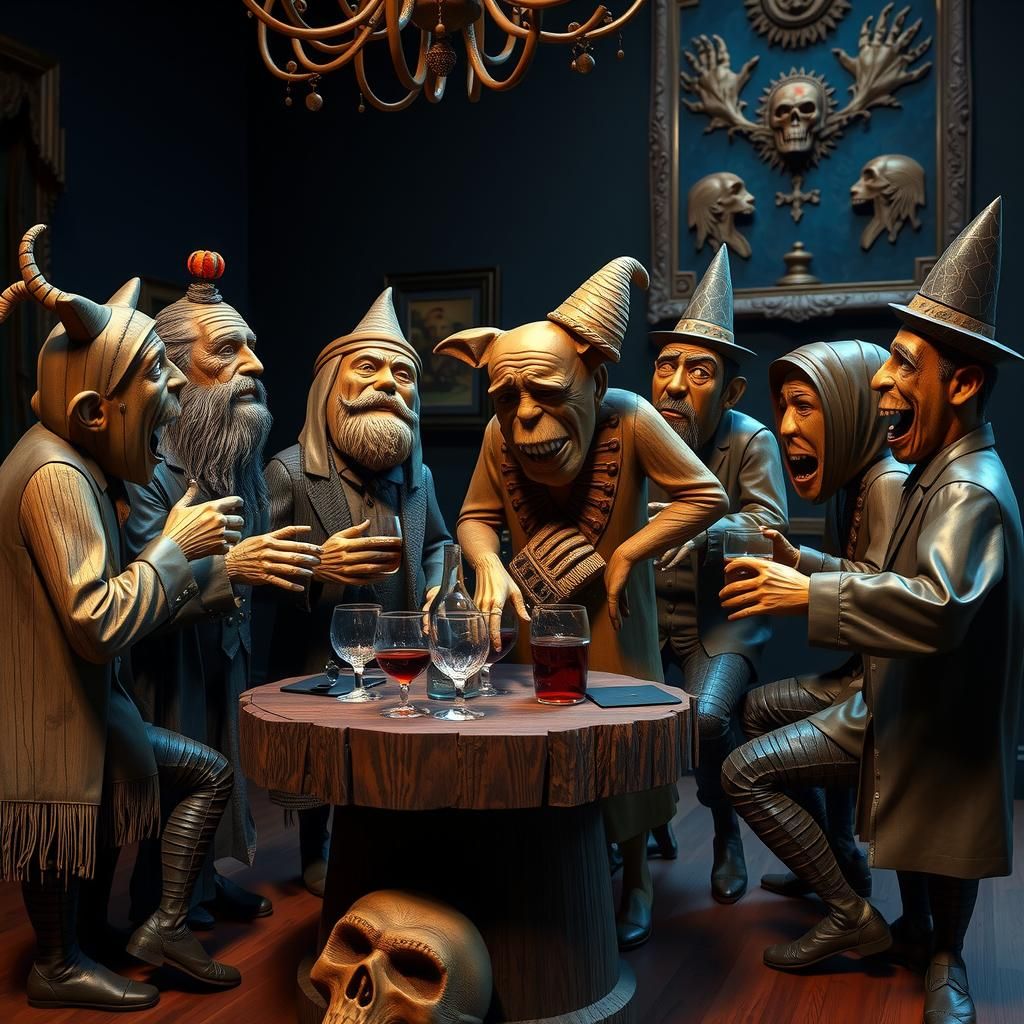 wood carvings  Halloween party in an art museum