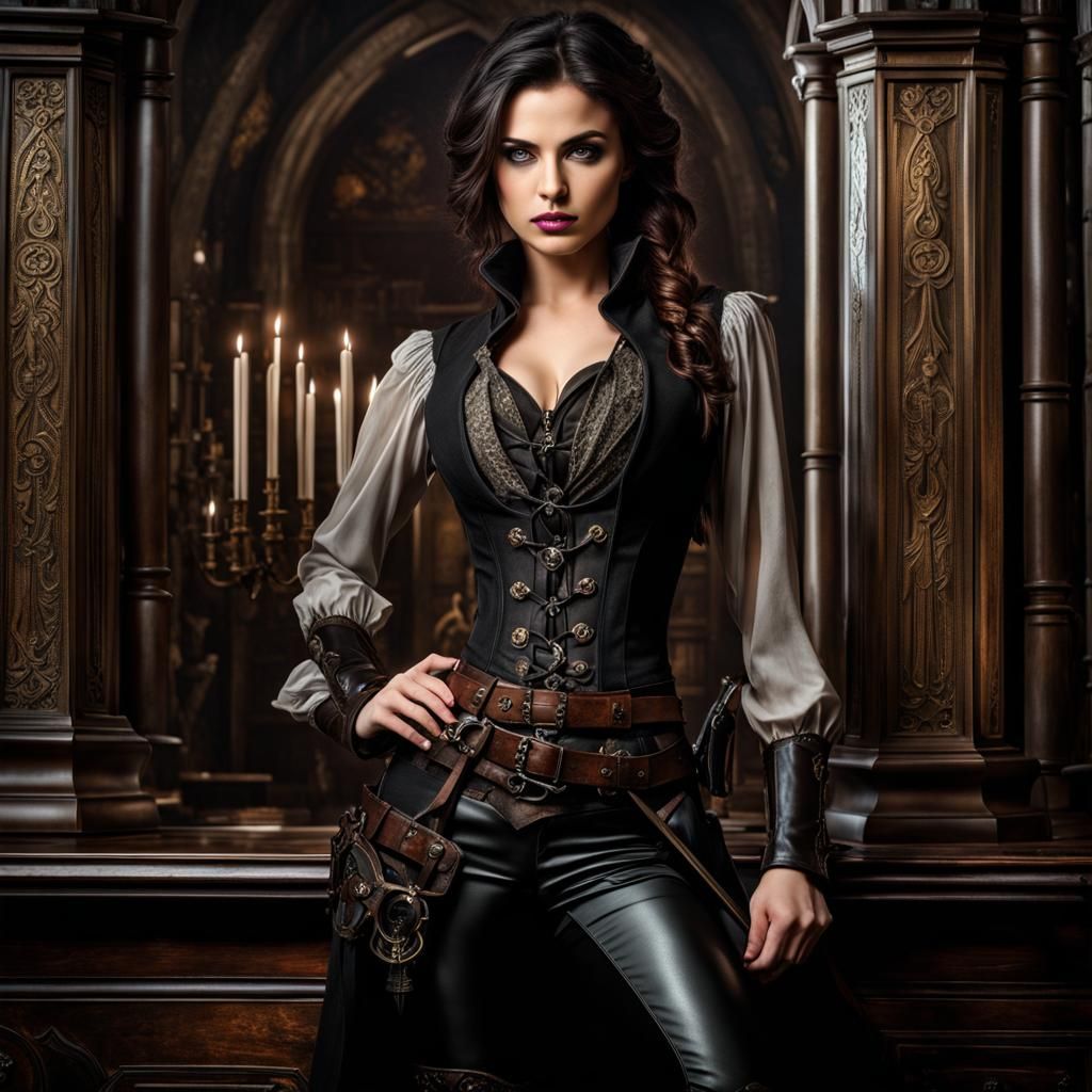 Intricate details, HDR, Beautiful, Dark Steampunk young female thief ...