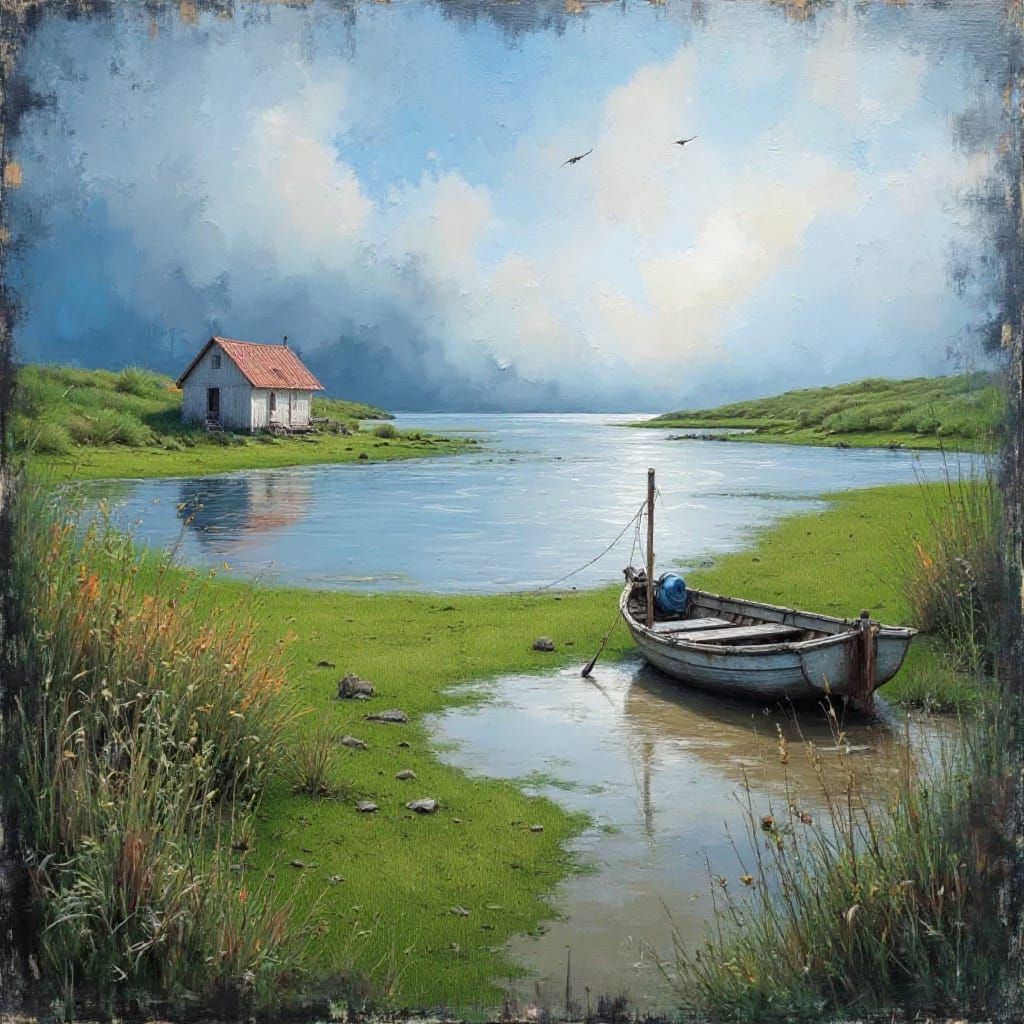 Create a similar image. Add a sea cabin on the left side. Add 4 birds in the distant sky. Add ripples to the water. Green the grass.