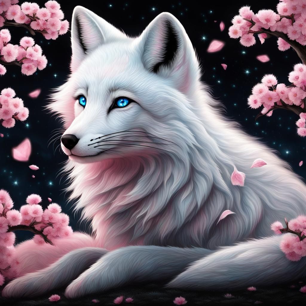 White fox with pink sakura flowers