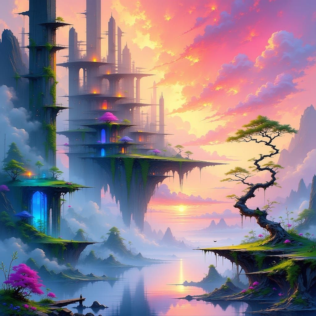 Futuristic Floating City at Vibrant Sunset