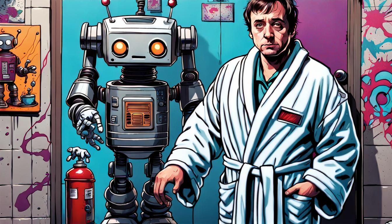 Arthur Dent in a striped bathrobe standing with Marvin the robot,  Mark Brooks and Dan Mumford, comic ...  by @Xenon Darrow