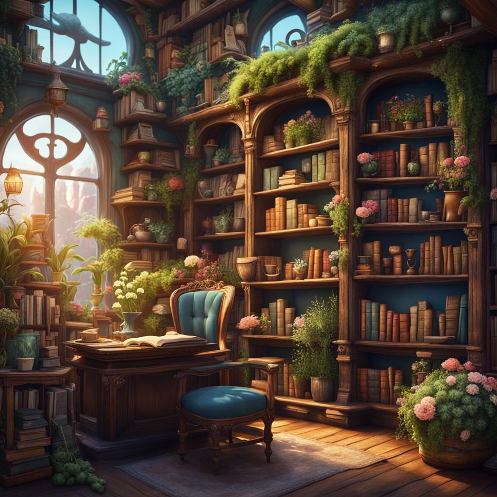 Whimsical Bookshop with Plants, Detailed Matte Painting