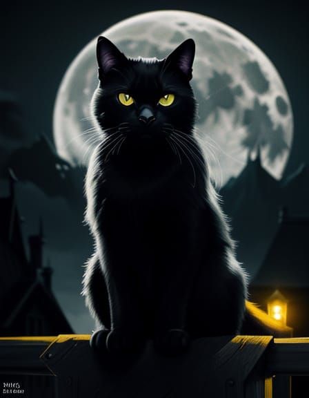 Gothic Black Cat on Moonlit Fence