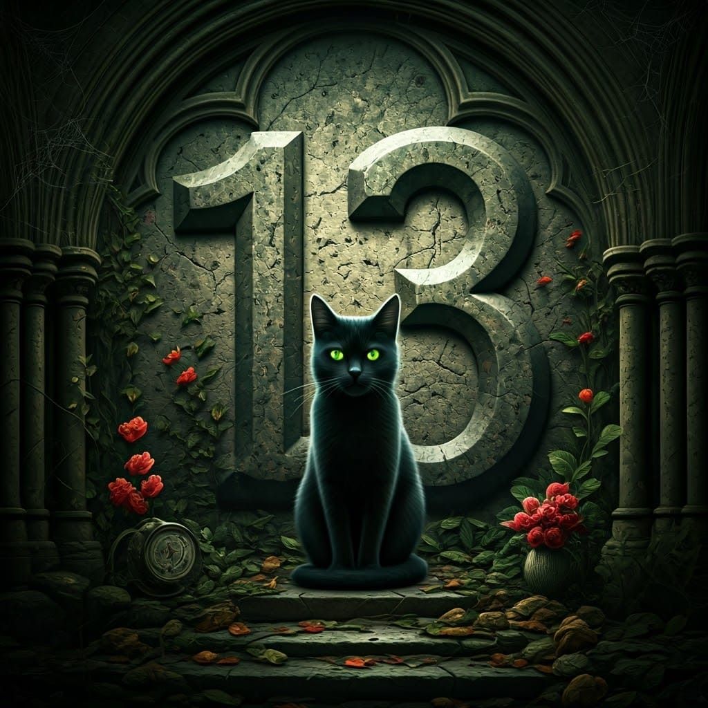 The bloody and obscure number 13 with a black cat in the center, symbolizing bad luck  by @Ines Girao