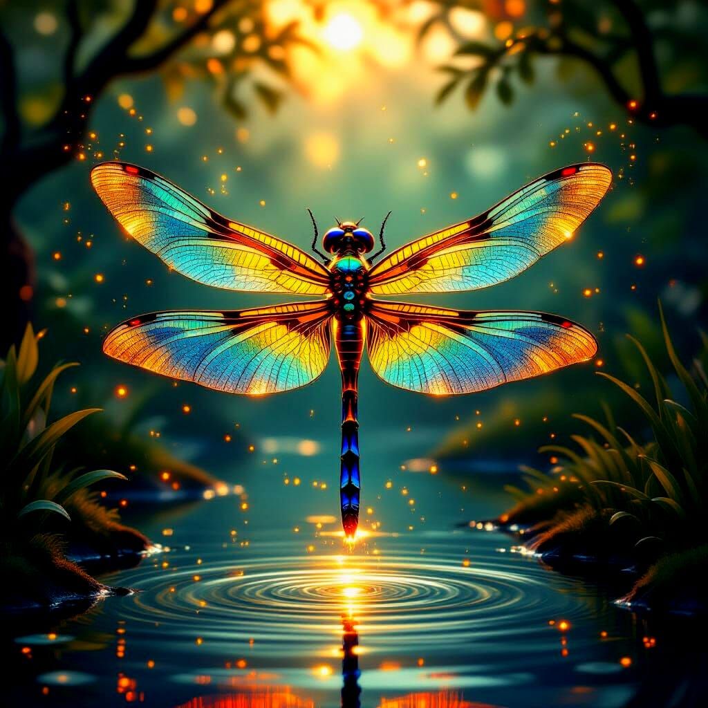 Majestic Dragonfly in Mythical Grove, Hyperrealism