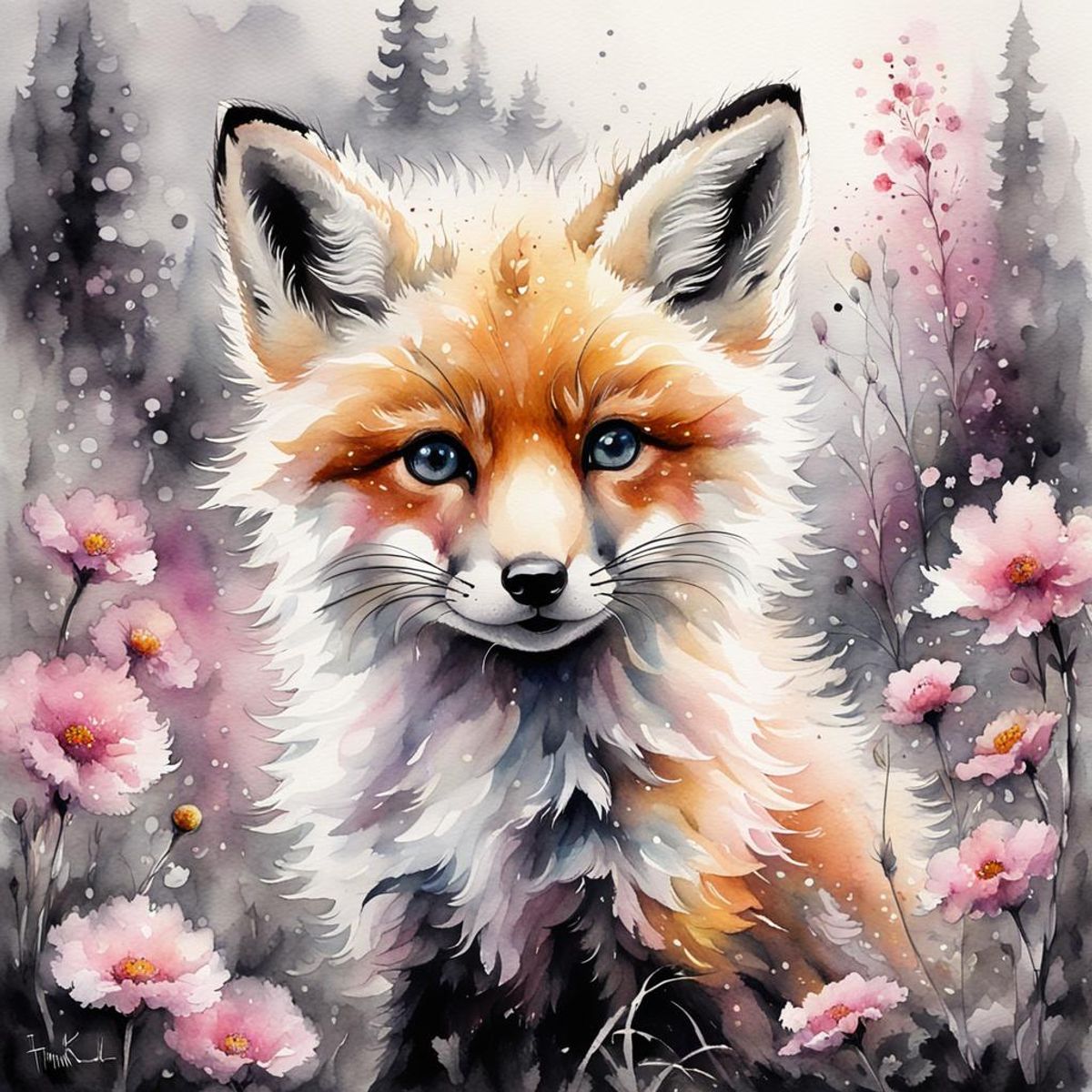 a whimsical watercolor of a cute fluffy fox cub with messy hair and ...