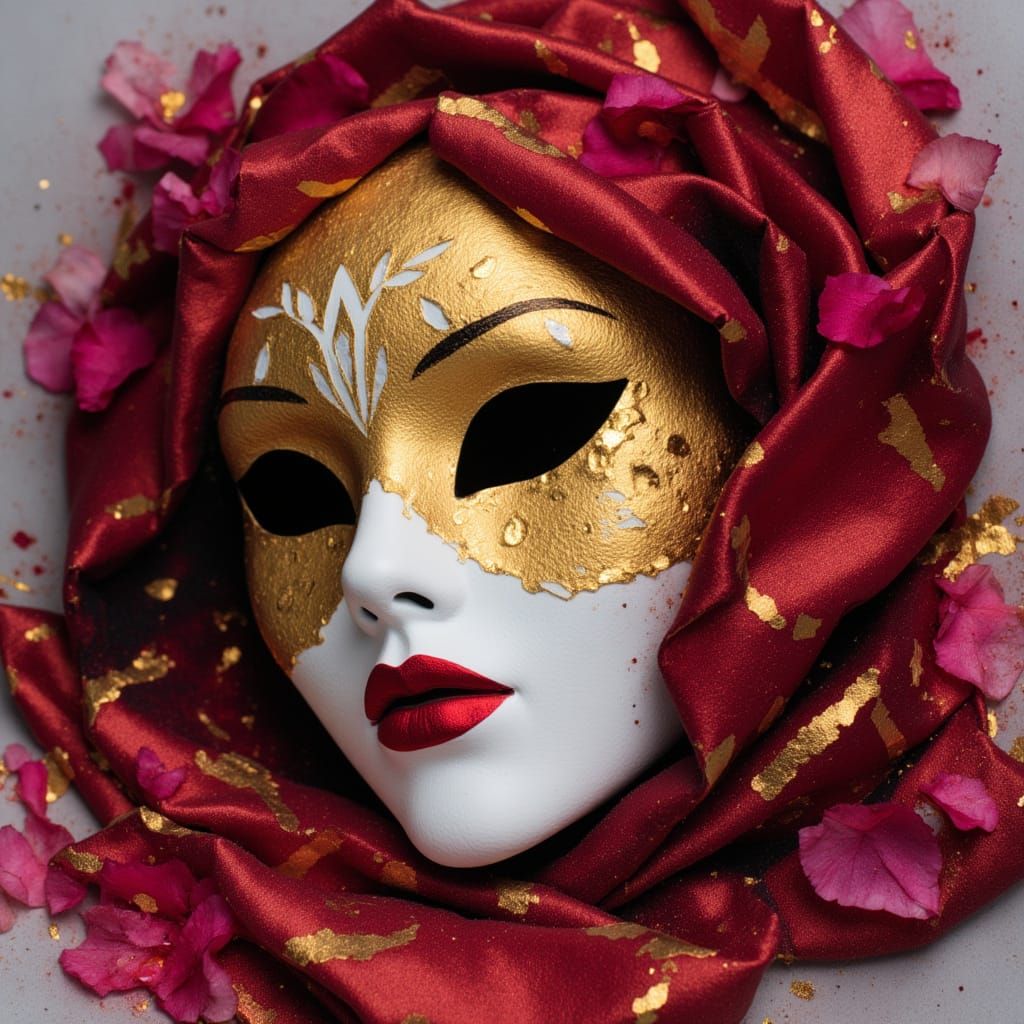 <lora:Orel:1.0> A mask of a theatrical performer, half serene and half furious, resting on a velvet cloth with scattered rose petals around ...