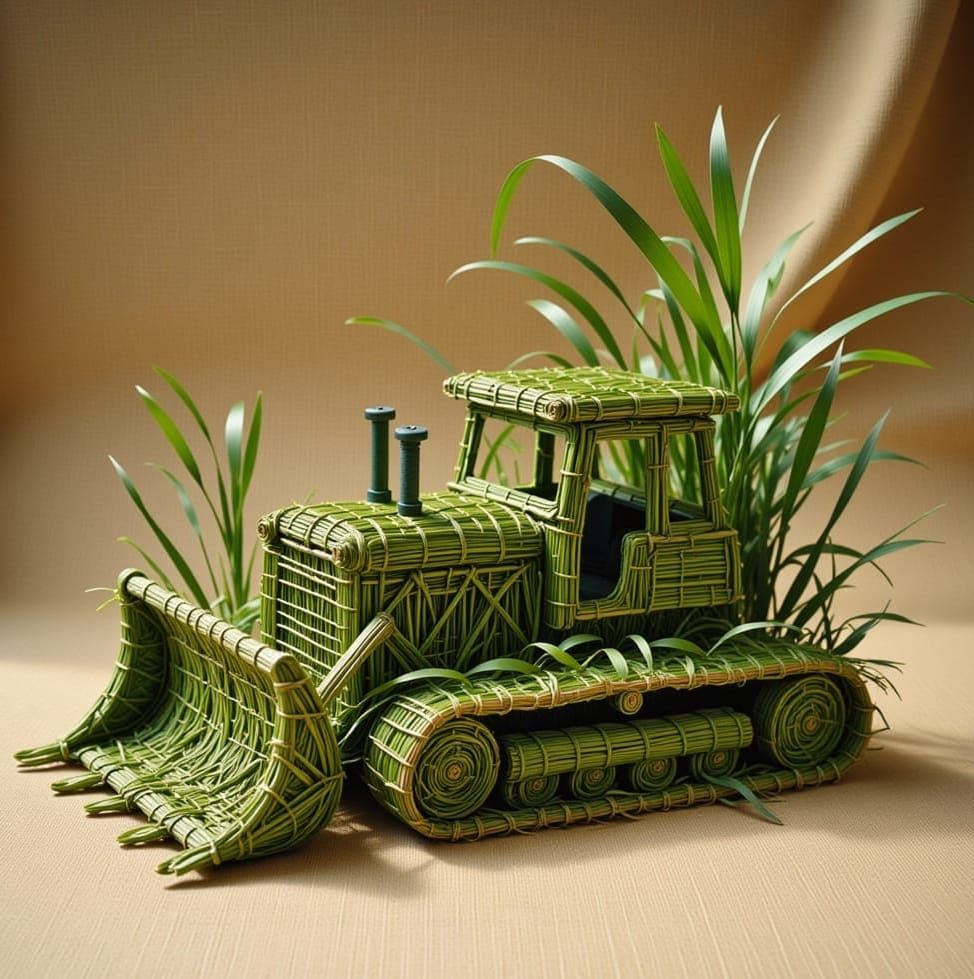 <lora:flax:1.0> toy bulldozer crafted from green stems and leaves of various grasses