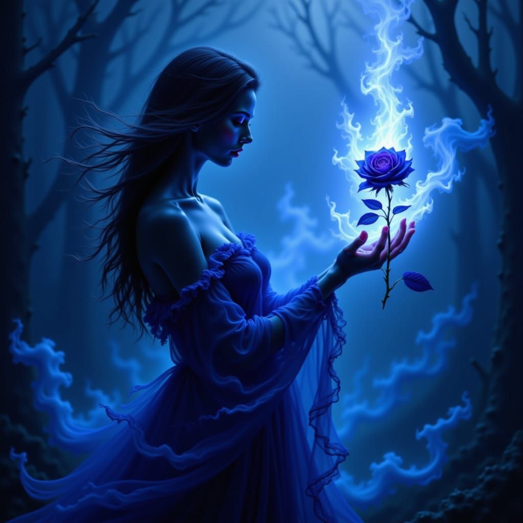 dark blue woman and fark blue rose of dark blue fire and dark blue fog . <lora:The DarkBlue of Red:1.0>
