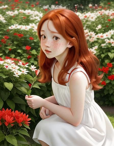 Auburn-Haired Girl Picking Flowers in Anime Style