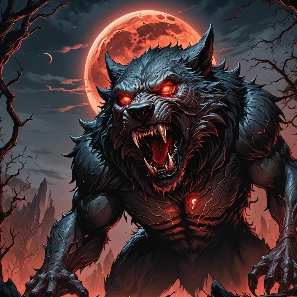 Werewolf Howling at Blood Moon Comic Art