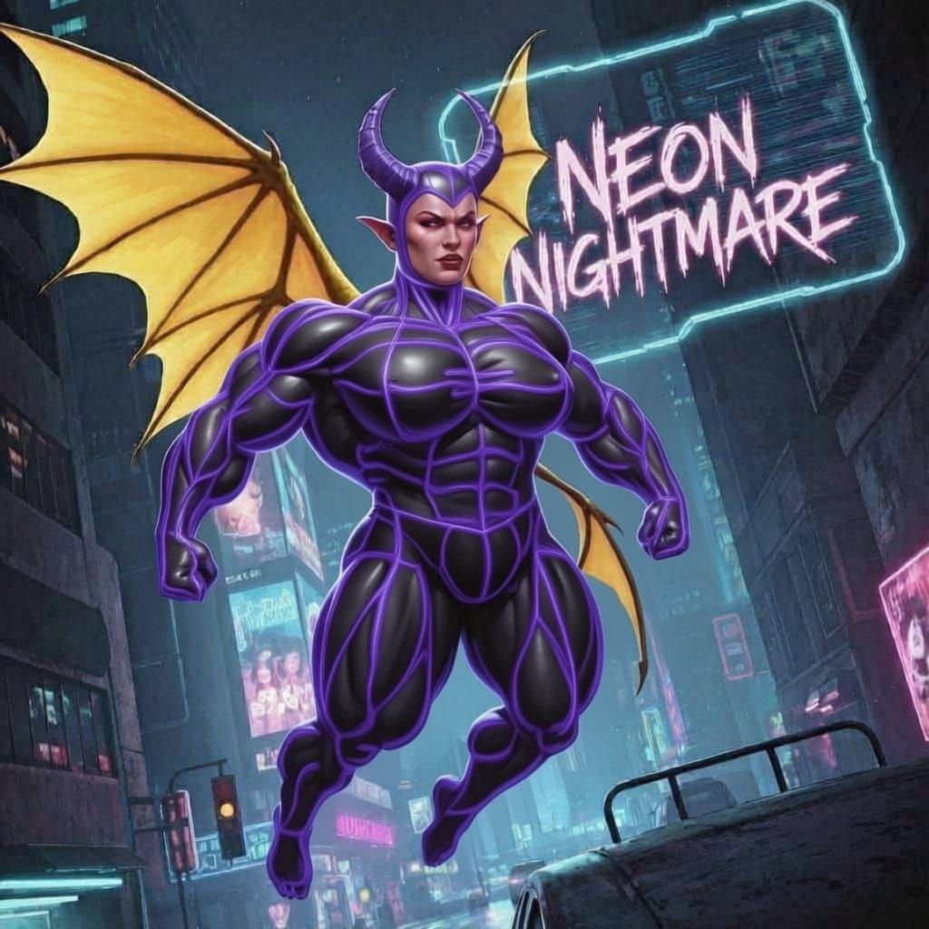 Muscular latex demon fairy soaring through a neon-lit cityscape