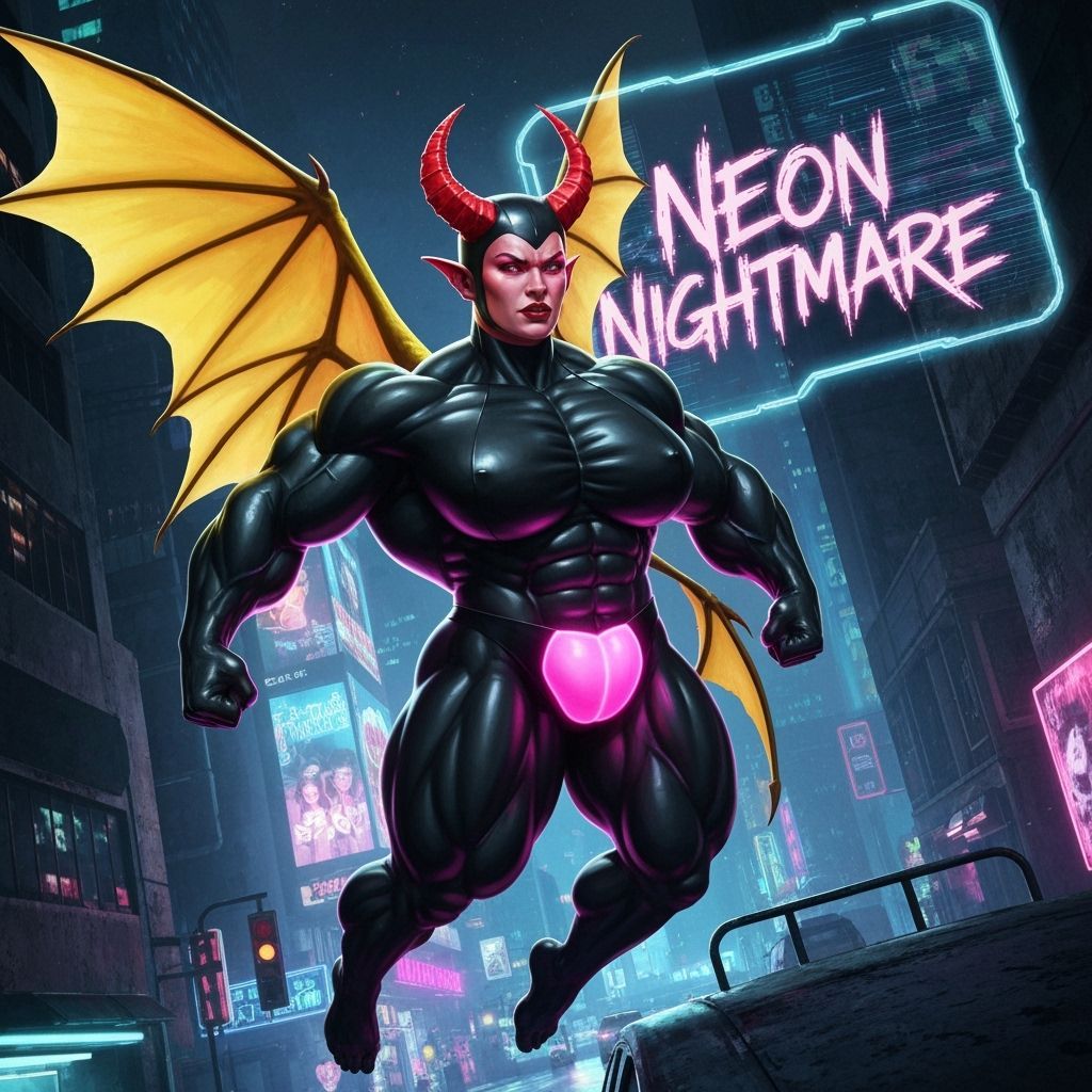 Muscular demon in latex on her flight