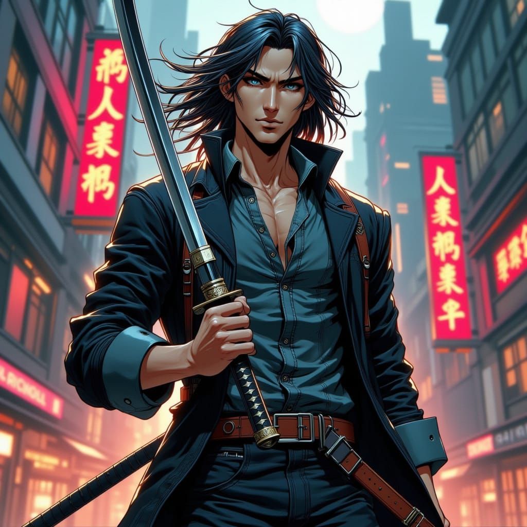 Street Samurai Hero in Comic Book Style