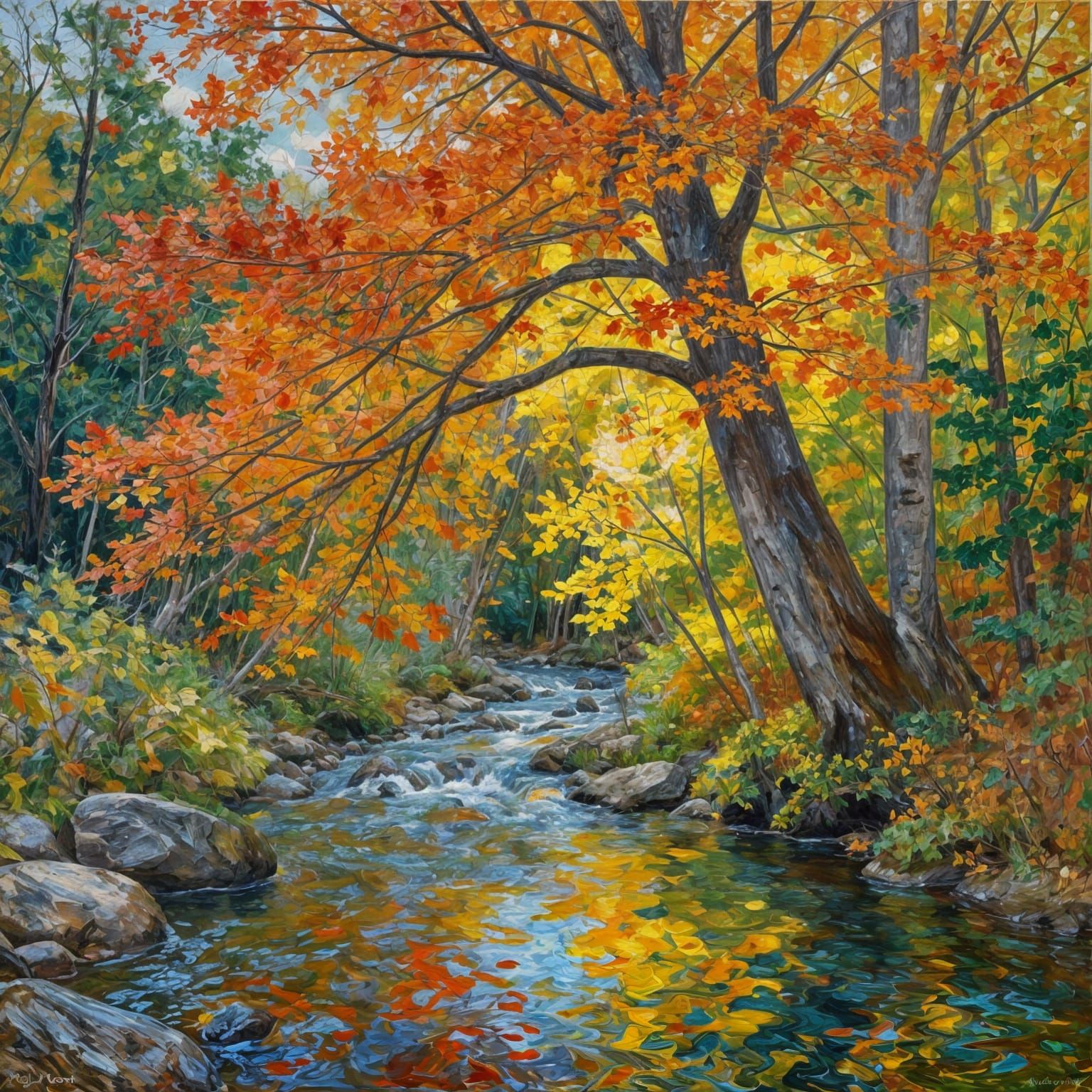 Tree hangs over stream in fall  by @Bashevis